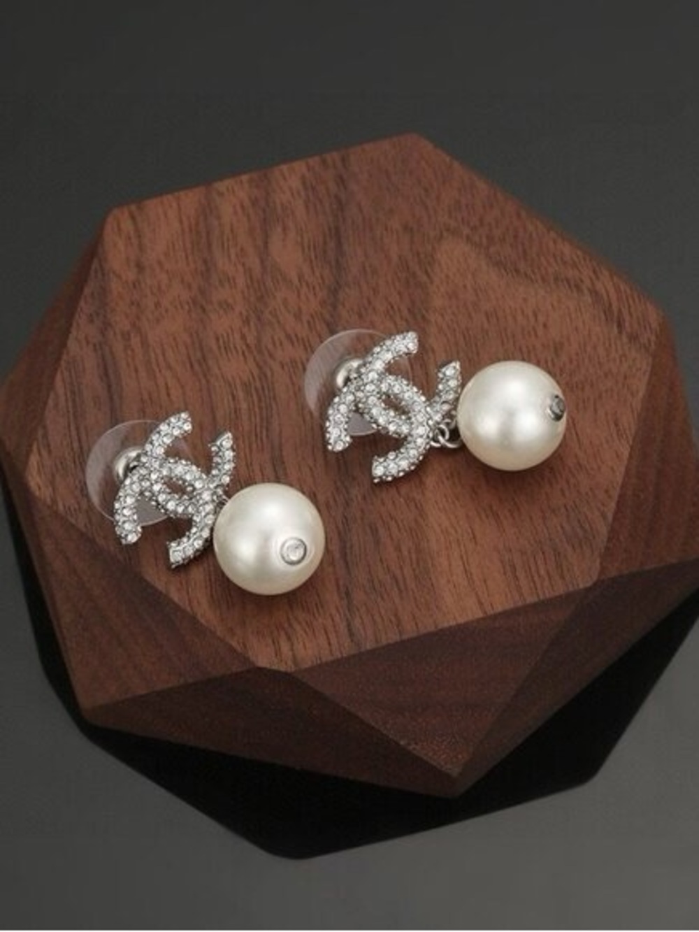 CHANEL Silver Crystal CC Drop Earrings with White Pearls - Picture 4 of 6